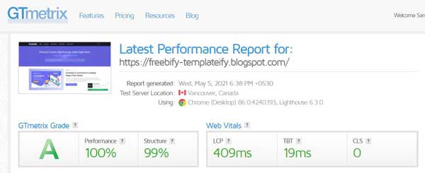 GTmetrix Report of Freebify Blogger Template